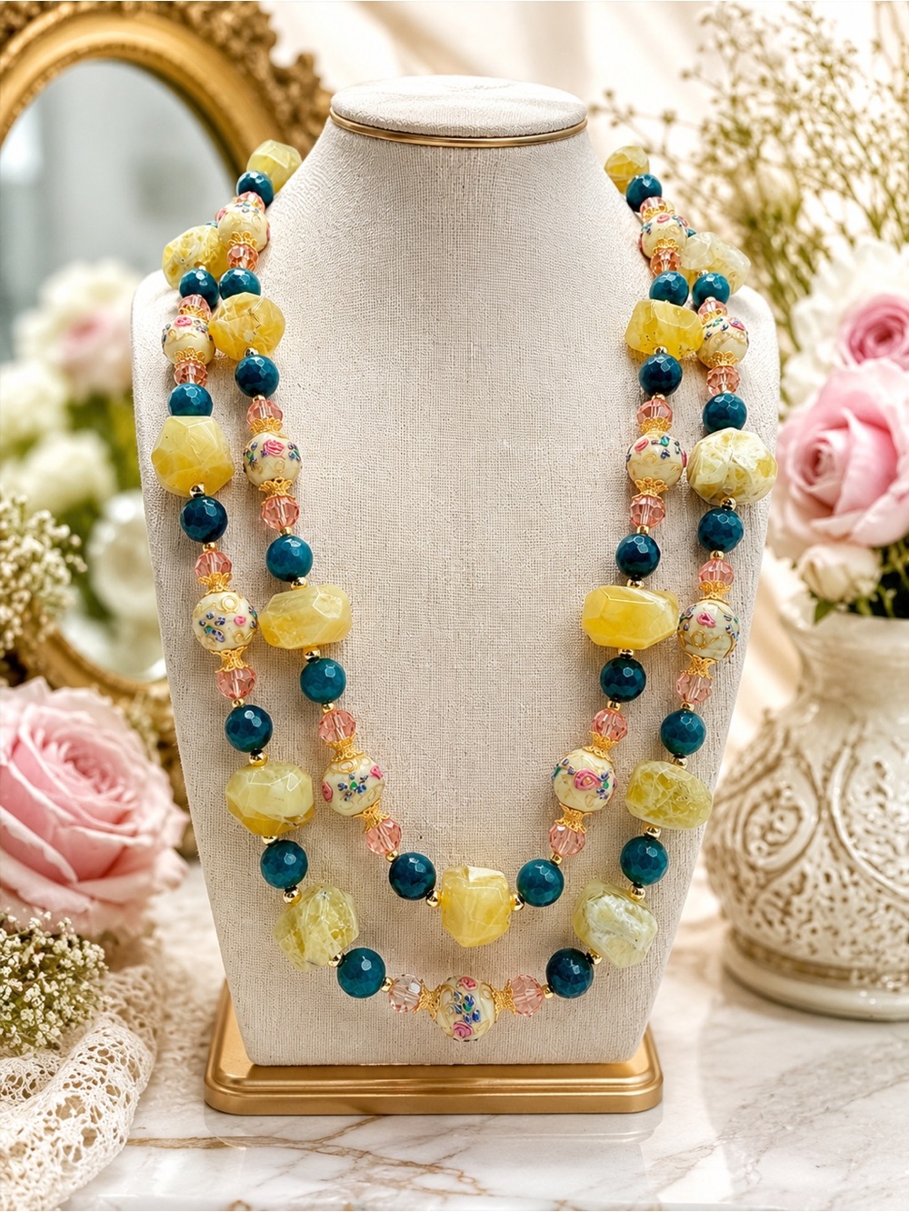 Artisan Double Strand Vintage Lampwork Apatite Australian Opal Swarovski Necklac